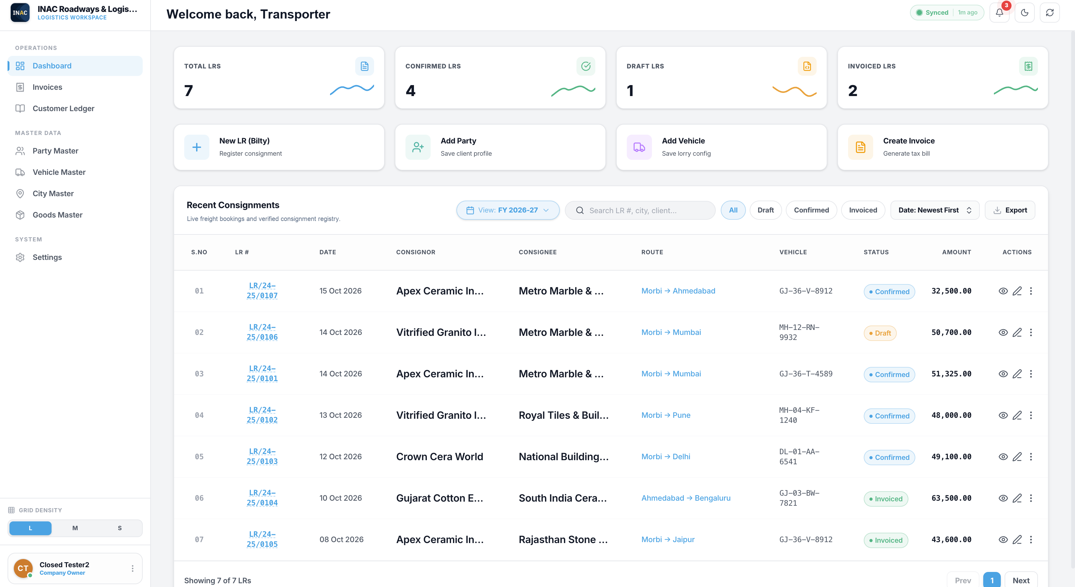 INAC Transport Manager Web Dashboard Console