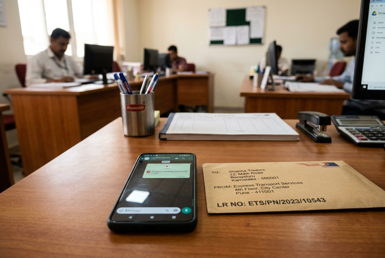 Transport Office Desk with WhatsApp PDF Sharing and Printed Courier Envelope
